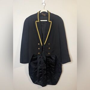 Vintage Black Military-Style Tailcoat Jacket with Gold Trim Sz S/M
